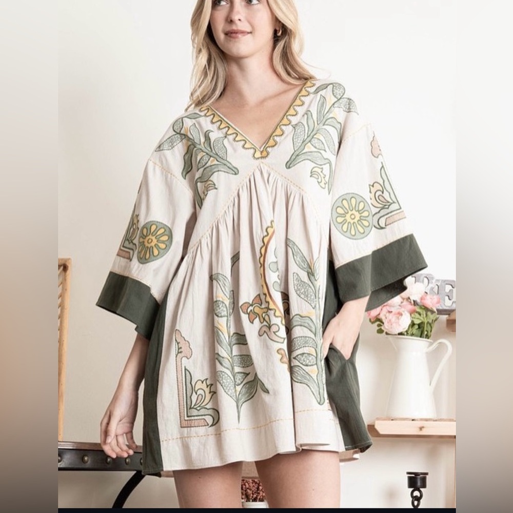 Blue Velvet Embroidered Floral
Cotton-Linen Mini Dress Olive/Taupe Size M/L